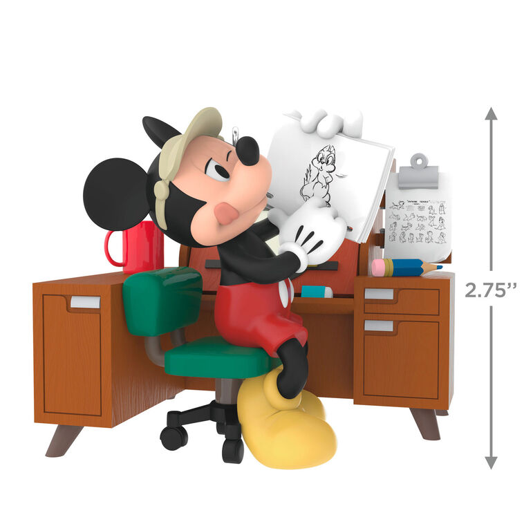 Hallmark Keepsake Disney Mickey Mouse From Sketch to Screen ornament, Mickey at animation desk with sketch, 2025 holiday collection.