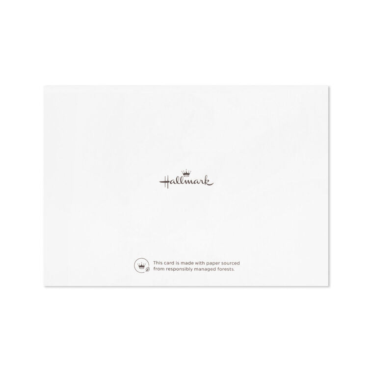 White flat note cards with gold foil corner floral swags and kraft band packaging.
