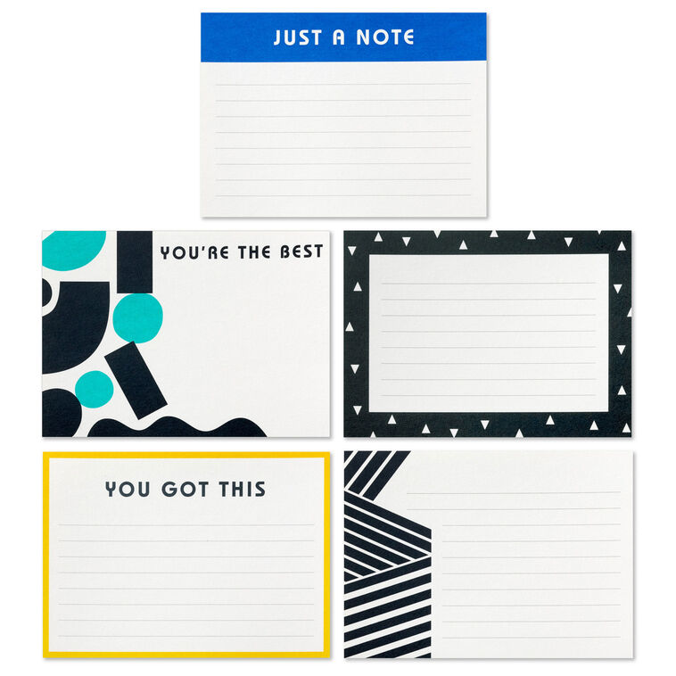Hallmark flat note cards boxed set featuring bold geometric designs with modern shapes, stripes, and motivational text, pack of 20 cards and envelopes.
