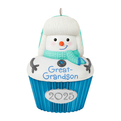 Cupcake-shaped snow-boy ornament with trapper hat and green-blue scarf, year-dated 2025 for great-grandson Christmas gift

