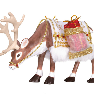 Hallmark Keepsake ornament of a regal reindeer with a festive saddle blanket, faux fur, gold trim, and a present, 2025 Keepsake Premiere.