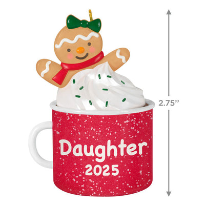 2025 Christmas ornament of gingerbread daughter cookie in red mug with whipped cream, festive holiday design

