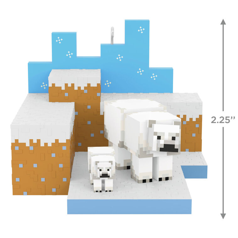 Minecraft polar bears ornament, adult and cub in pixelated snowy tundra habitat, Hallmark Keepsake, Christmas decoration, gamer collectible.