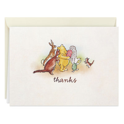 Blank thank-you notes featuring Winnie the Pooh and friends illustration, includes envelopes, linen-textured.