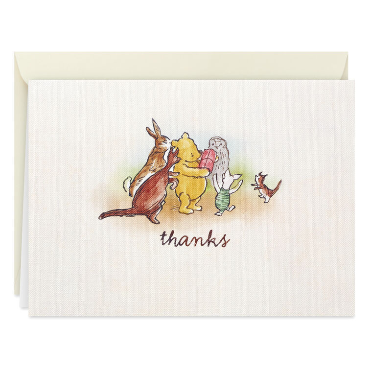 Blank thank-you notes featuring Winnie the Pooh and friends illustration, includes envelopes, linen-textured.