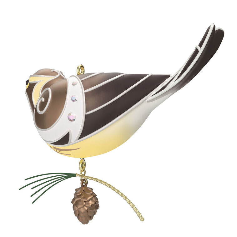 Hallmark Keepsake Beauty of Birds Lady Blackburnian Warbler ornament, yellow and brown bird with metallic silver accents and pine cone, Christmas decor.