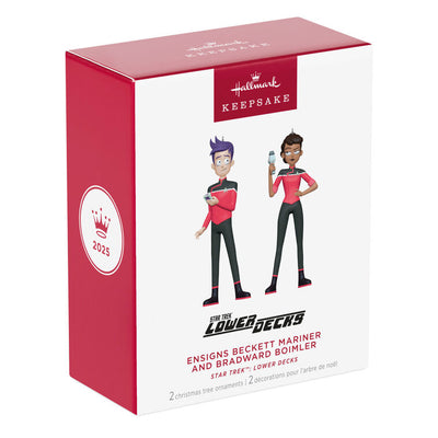 Star Trek Lower Decks ornaments—Beckett Mariner and Bradward Boimler, cartoon crew in red uniforms, Hallmark set of 2
