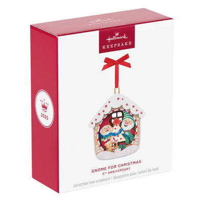 Hallmark Keepsake Gnome for Christmas 5th Anniversary papercraft ornament with gnomes, tree, and snow accents.