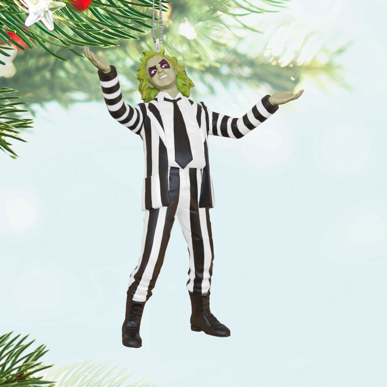 Mini Beetlejuice ornament with wild green hair and black-and-white striped suit, arms raised in playful pose.