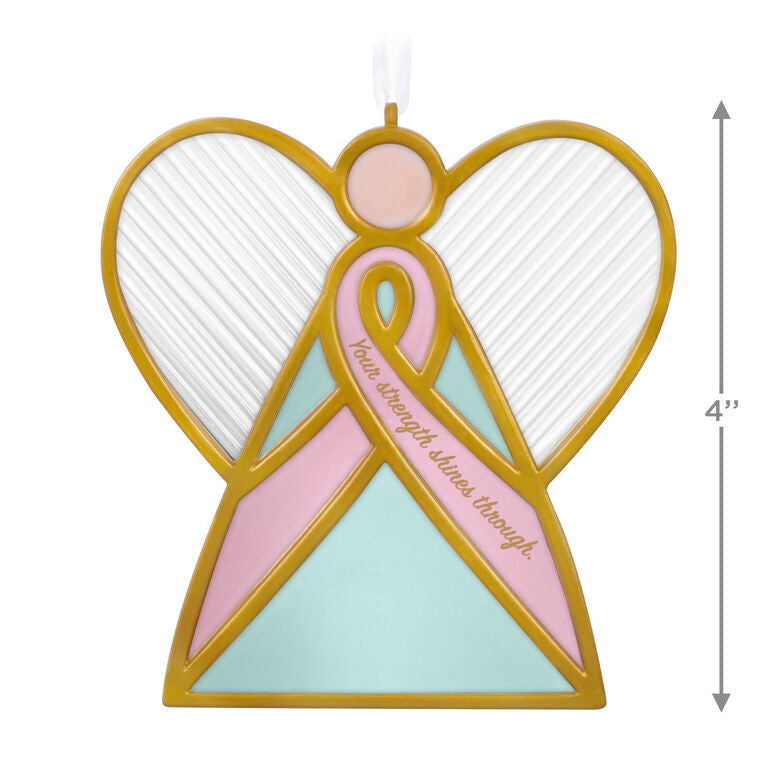 Pink ribbon angel ornament—Hallmark glass angel with gold outlines and pink breast cancer awareness ribbon, benefits Susan G. Komen®