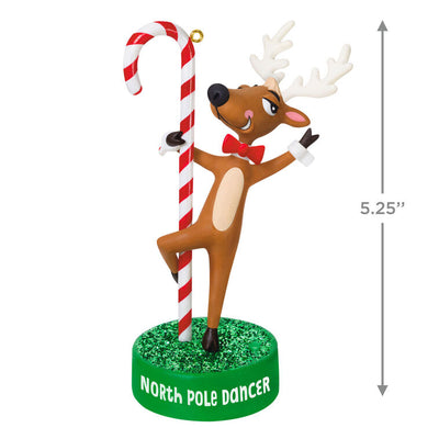 Reindeer Christmas ornament wearing red bow tie dancing around candy cane pole, with sound and battery operated

