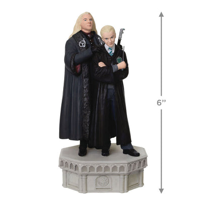 Hallmark Keepsake ornament of Lucius and Draco Malfoy in black robes standing on stone base, light and sound Chamber of Secrets Collection