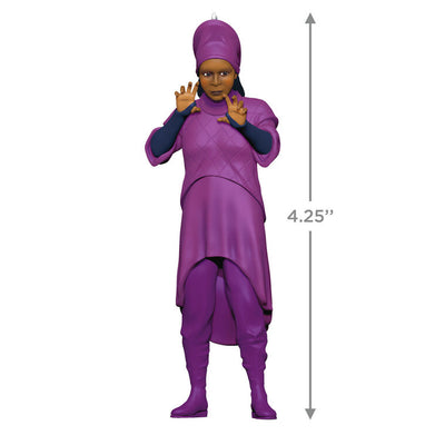 Hallmark Star Trek Guinan ornament—purple-robed bartender figurine from The Next Generation, holding hands up, inspired by Ten Forward
