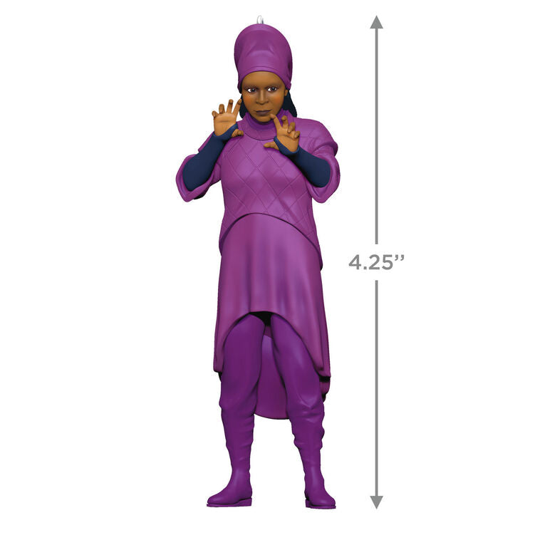 Hallmark Star Trek Guinan ornament—purple-robed bartender figurine from The Next Generation, holding hands up, inspired by Ten Forward
