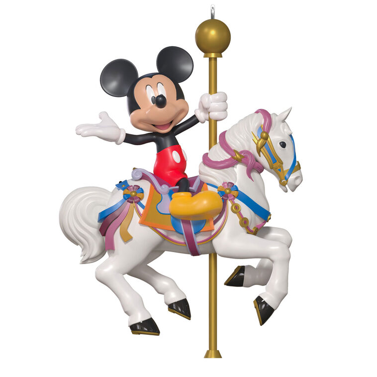 Hallmark Keepsake Disneyland King Arthur Carrousel ornament featuring Mickey Mouse riding a white carousel horse with gold pole, colorful saddle.