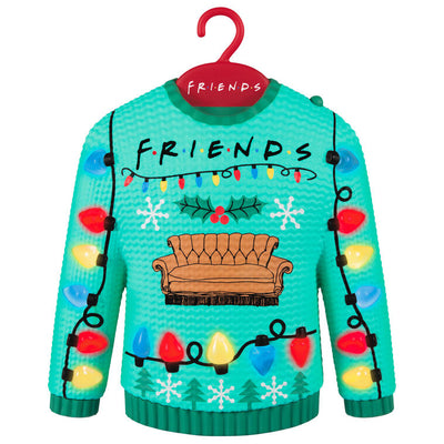 Friends ornament, ugly Christmas sweater with Central Perk couch, colorful lights, Hallmark Keepsake, musical, light-up, TV sitcom decoration.