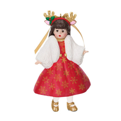 Deer Santa Wendy in red dress with gold snowflakes, antler headband, gold shoes, and white shrug, Hallmark Keepsake ornament