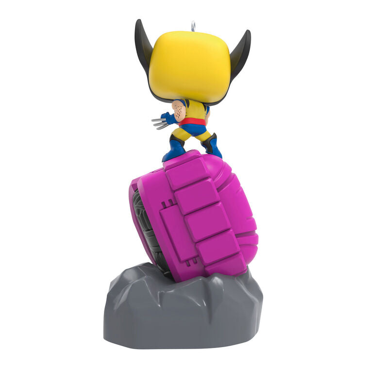 Wolverine Funko POP ornament, Marvel X-Men, defeating Sentinel, light-up eyes, Hallmark Keepsake, Christmas tree decoration.
