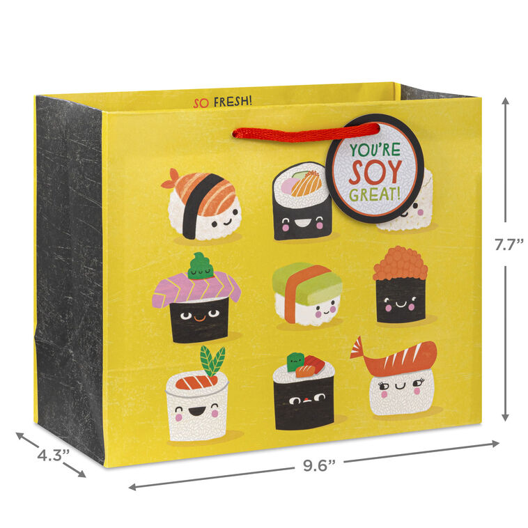 Hallmark medium gift bag with smiling sushi characters and pun text on a yellow background, perfect for fun gift occasions.