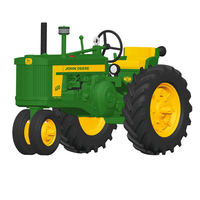 Hallmark Keepsake John Deere 620 Tractor ornament, die-cast metal in green and yellow, wheels turn, classic farm tractor design.