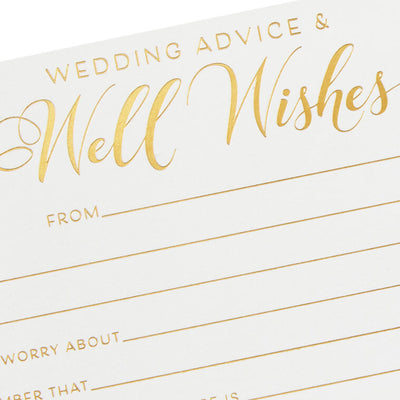 Wedding advice and well wishes note cards with gold foil lettering, includes 24 flat cards for special occasions.