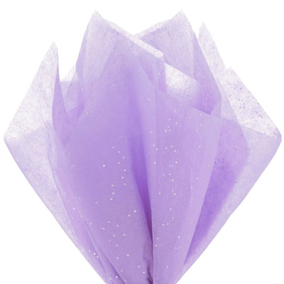 Hallmark amethyst tissue paper with iridescent dots, shown folded, styled in a gift bag, and displayed flat to highlight the shimmer.