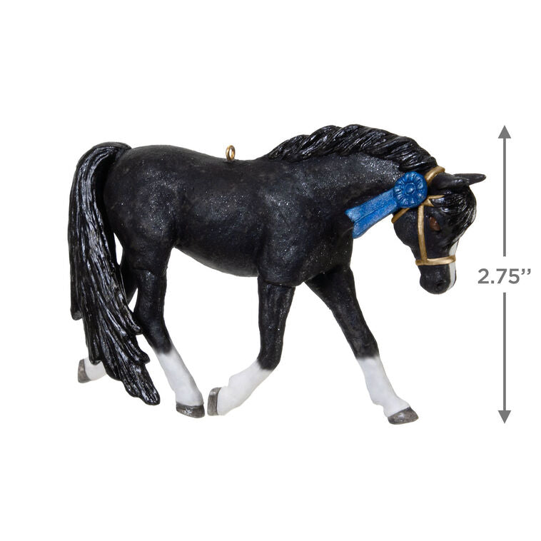 Glossy black Welsh Pony Christmas ornament with white socks and blaze, posed in extended trot, equestrian gift

