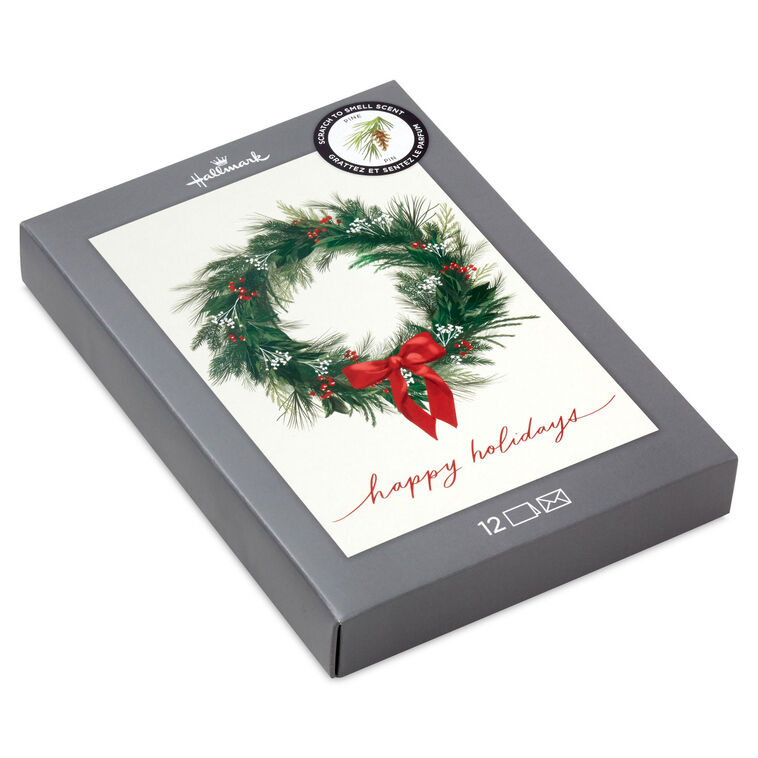 Greenery Wreath Pine-Scented Boxed Christmas Cards, Pack of 12