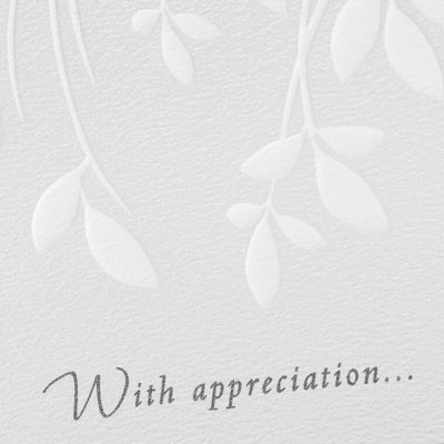 Soft white leaves and branches on cream sympathy cards with embossed message, includes 10 blank cards and envelopes