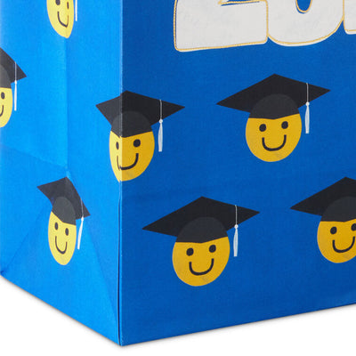 Medium blue graduation gift bag with Class of 2025 and rows of smiley faces in grad caps, Hallmark, gold foil accents, 9.6 inch size
