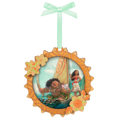 Hallmark Keepsake Disney Moana Setting Sail Papercraft Ornament with Moana, Maui, and Pua in boat, tropical flower frame.