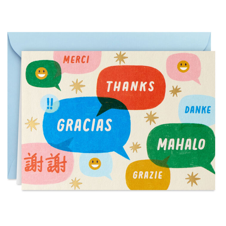 Multilingual thank you cards with colorful word bubbles and gold star foil accents, includes 10 blank notes and light blue-lined envelopes