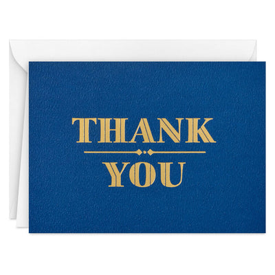 Navy blue thank you cards with formal gold foil block lettering, includes 10 blank cards and white envelopes in a sleek gift box