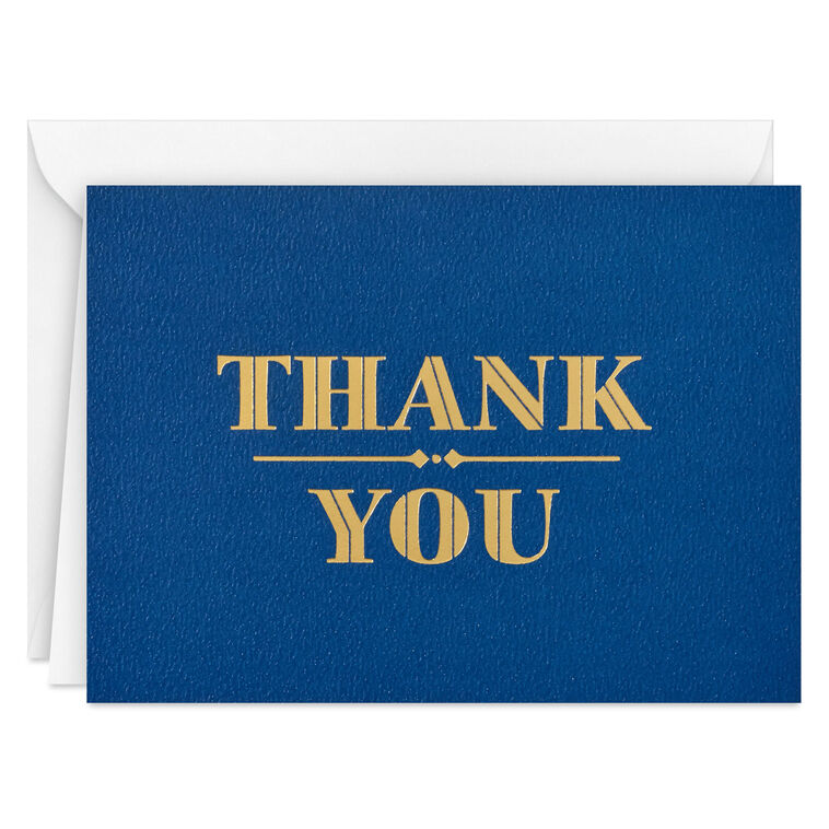 Navy blue thank you cards with formal gold foil block lettering, includes 10 blank cards and white envelopes in a sleek gift box