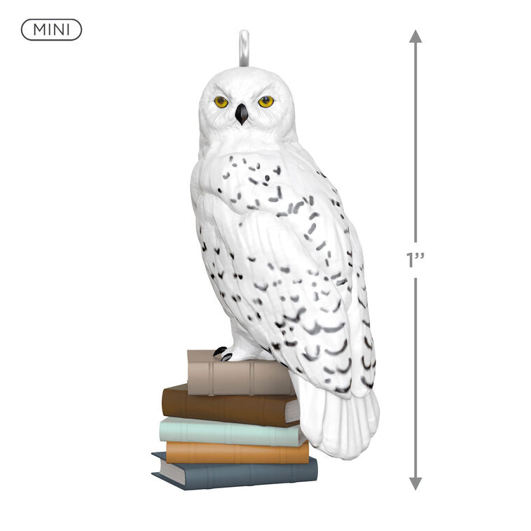 Hedwig snowy white owl perched on a stack of books, Hallmark mini Christmas ornament, Harry Potter collectible