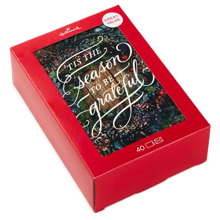 Pine Wreath on Wood Plank Door Boxed Christmas Cards, Pack of 40