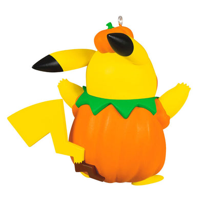 Halloween Pikachu ornament in jack-o'-lantern costume, festive fall decoration for Pokémon fans