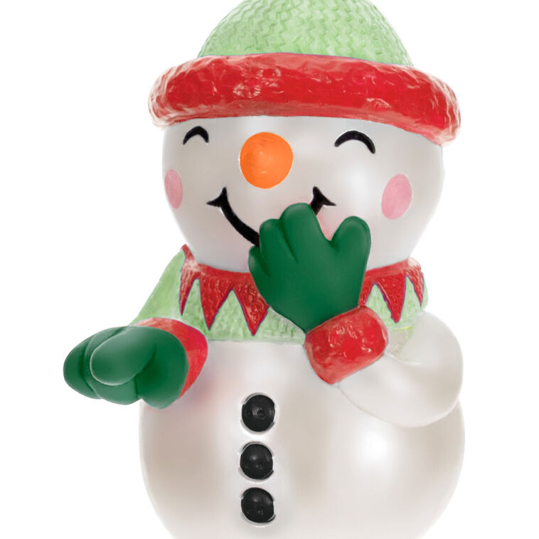 Funny snowman Christmas ornament with pullable arm and silly sound effects, battery operated holiday decoration

