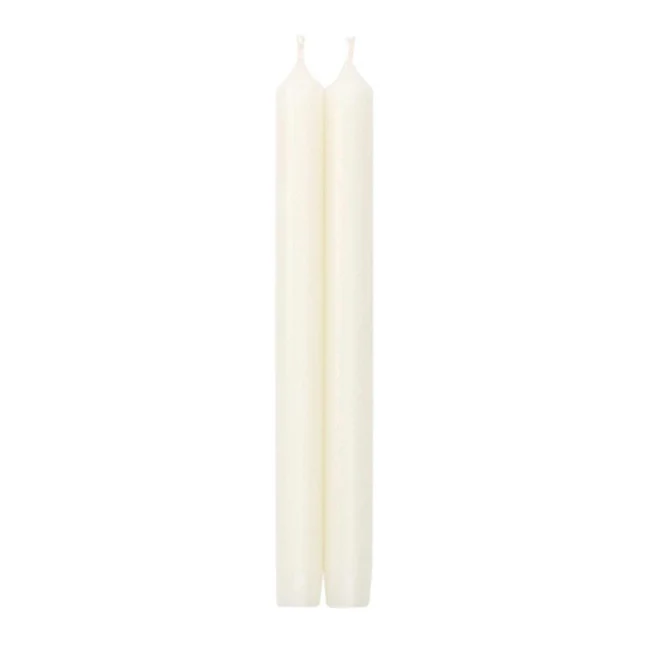 Caspari 10-inch white taper candles, set of two; dripless, smokeless, unscented with lead-free cotton wicks for a clean and elegant burn.