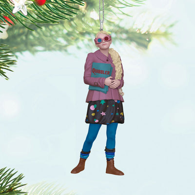 Luna Lovegood in purple coat holding The Quibbler and wearing Spectrespecs, mini Hallmark Christmas ornament, Harry Potter collectible