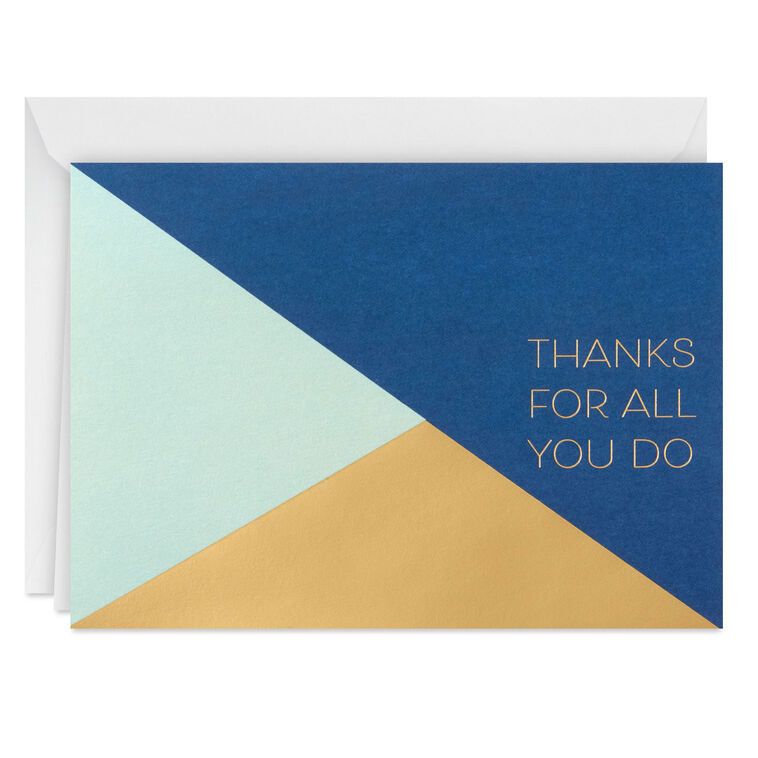 Modern thank you cards with navy, sage, and gold triangle color blocks and foil text, includes 10 blank cards and white envelopes