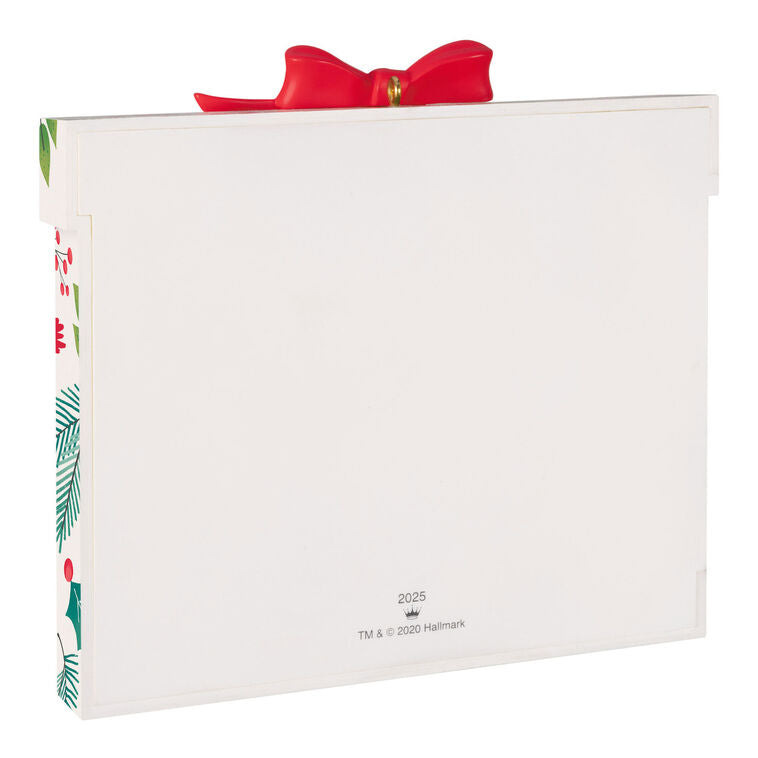 2025 Christmas photo frame ornament shaped like a wrapped gift box with festive bow and sweet message

