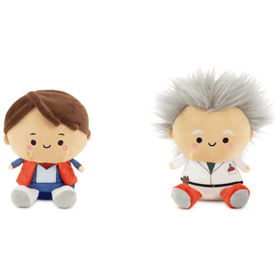 Back to the Future plush set of Doc Brown and Marty McFly with magnets, embroidered features, and movie-inspired outfits.
