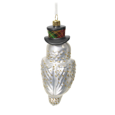 Hallmark Keepsake Dapper Owl glass ornament, owl in plaid vest, top hat, and monocle, with gold glitter accents.