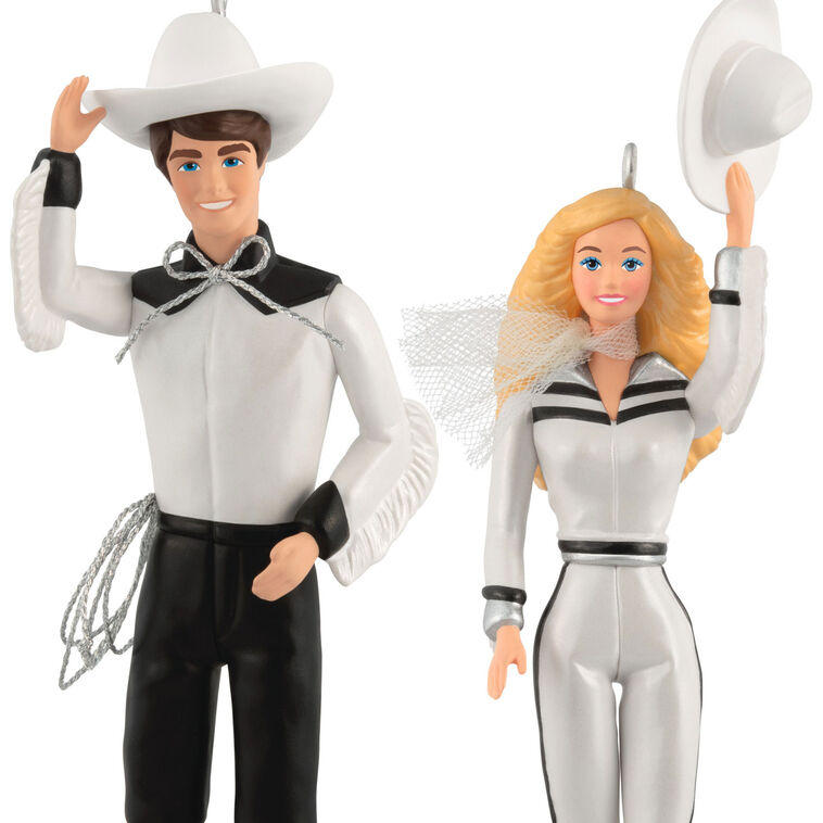 Barbie and Ken Western Stars ornaments in black and white cowboy outfits, hats, boots, and silver accents, Hallmark Keepsake set of 2.