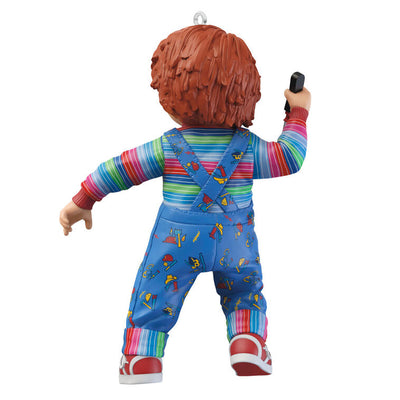 Chucky Christmas ornament inspired by Child’s Play 2, featuring menacing plush Good Guys doll design