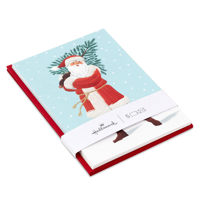 Santa Carrying Fir Tree Packaged Christmas Cards, Set of 5