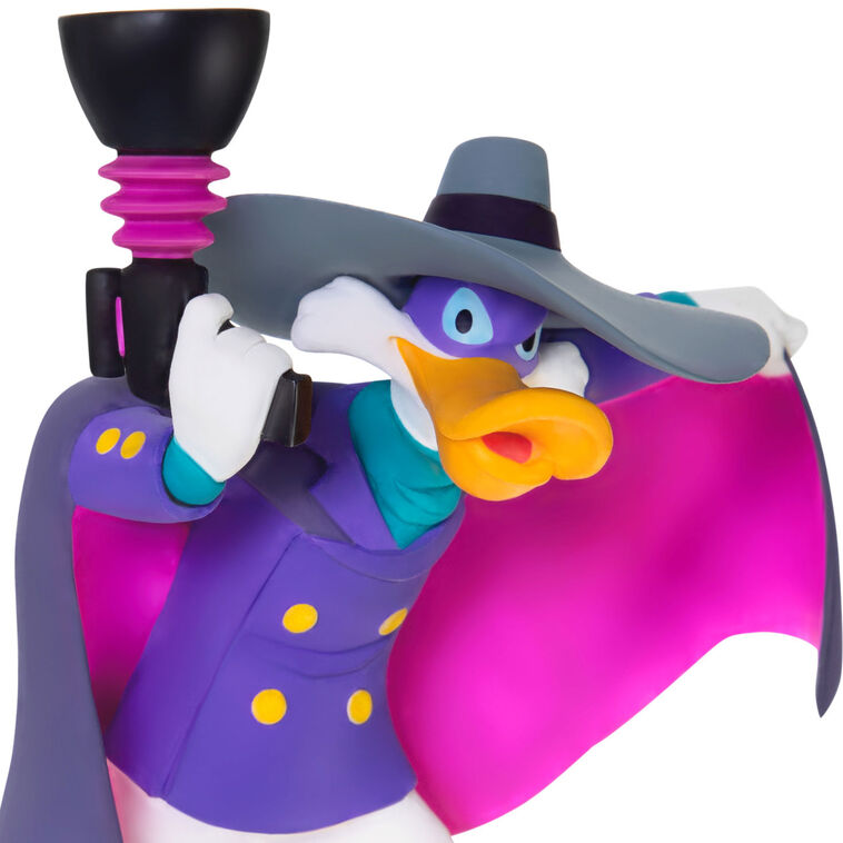 Hallmark Keepsake Disney Darkwing Duck Let’s Get Dangerous ornament, purple and pink superhero duck, cape, mask, blaster, animated pose.