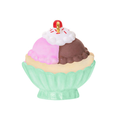 Miniature banana split ornament with chocolate and strawberry ice cream scoops, whipped cream, and cherry, Hallmark Keepsake
