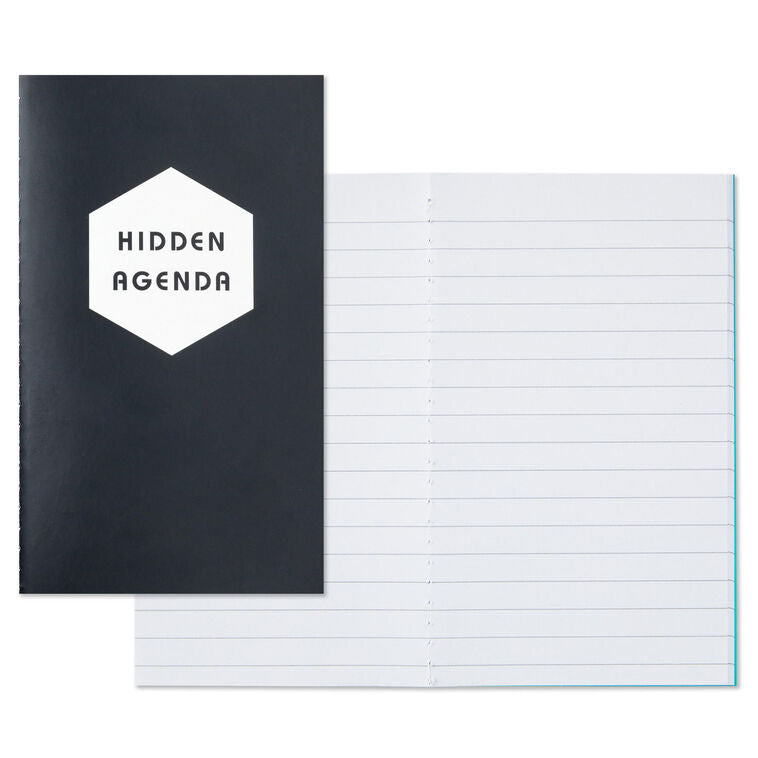 Stationery set with black and kraft notebooks and a memo pad featuring “Noted” and “Hidden Agenda” covers with geometric designs.
